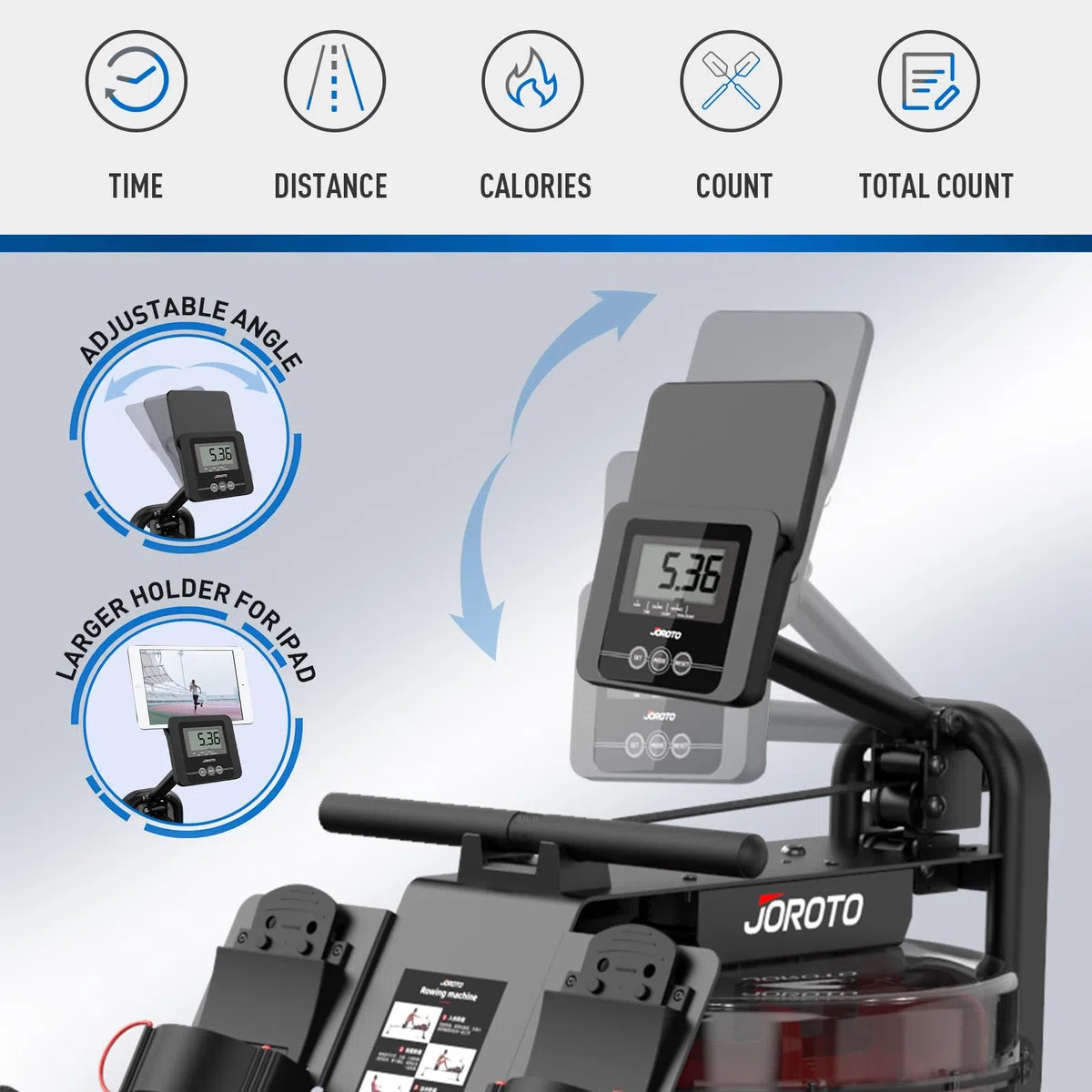 JOROTO Rameur Musculation, Rameur d'appartement à Eau avec Connexion Bluetooth, Rangement Vertical Peu Encombrant, Comprend Un Support de Téléphone et Une Application d'entraînement Rameur