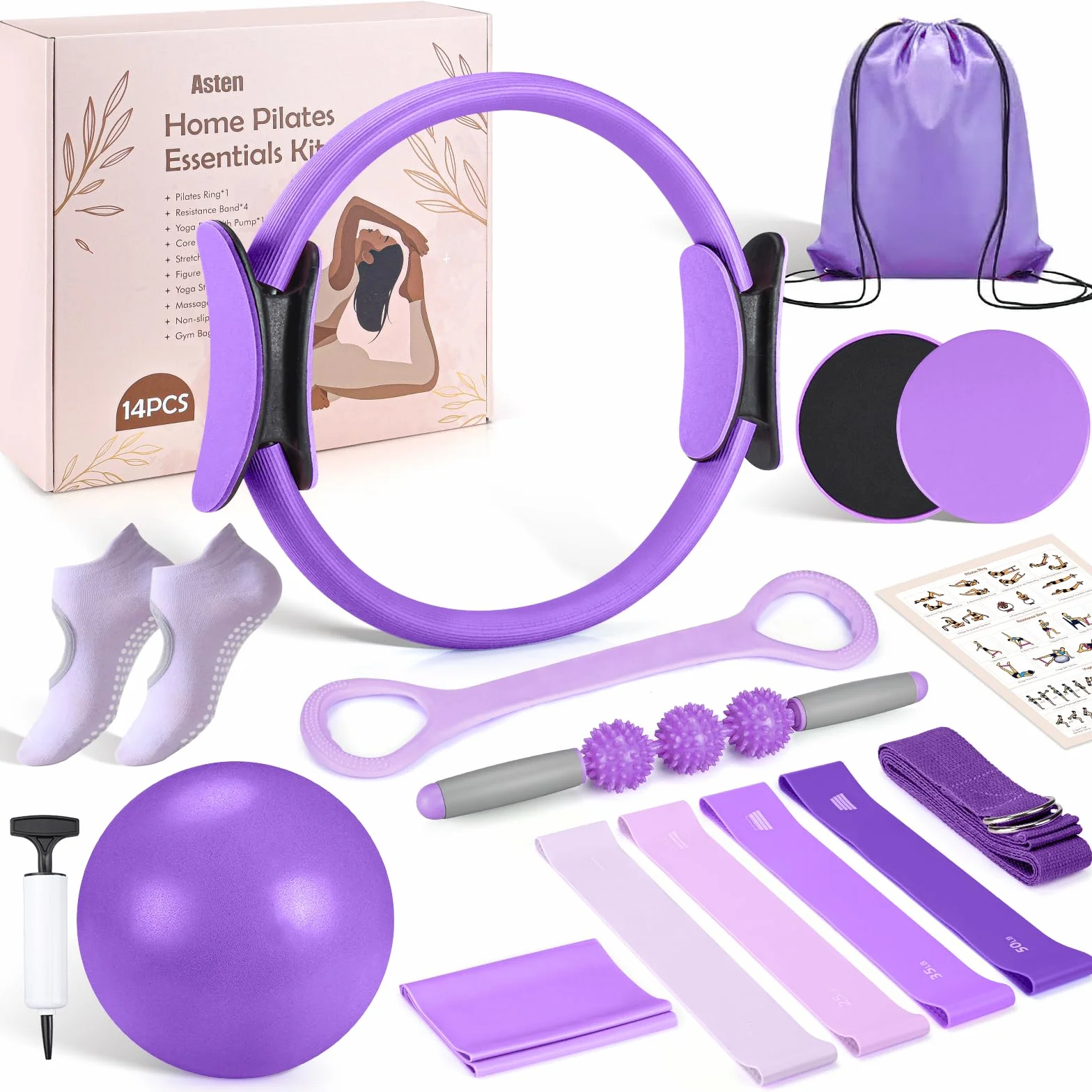Asten Kit de pilates à domicile pour femme : équipement de Pilates, anneau et balle de Pilates avec bandes de résistance, curseur de base, rouleau en mousse, kit essentiel de pilates pour entraînement