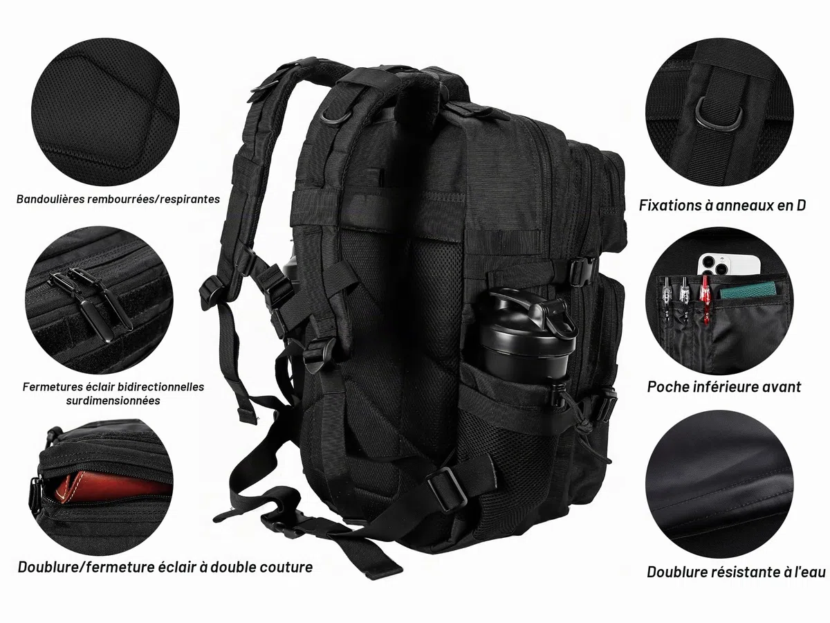 LHI Sac à dos tactique militaire pour homme et femme 45 l Grand sac à dos imperméable pour l'école, la randonnée, le trekking, la chasse
