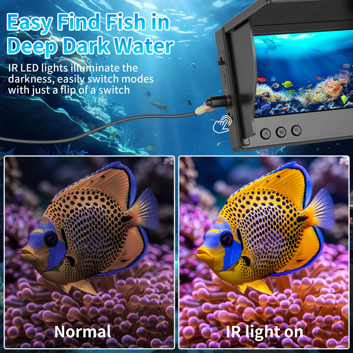 Sondeur de pêche HD 1080p avec écran LCD de 4,3", câble étanche IP68 de 15 m et 6 lumières de vision nocturne infrarouge, caméra sous-marine portable pour la pêche sur glace, en lac, en