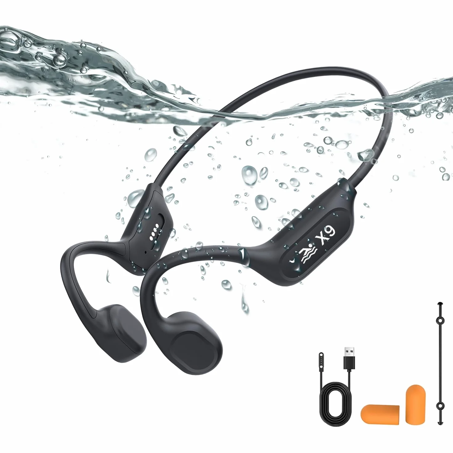 Casque de natation à conduction osseuse Bluetooth V6.0 IP68 MP3 32 Go Noir