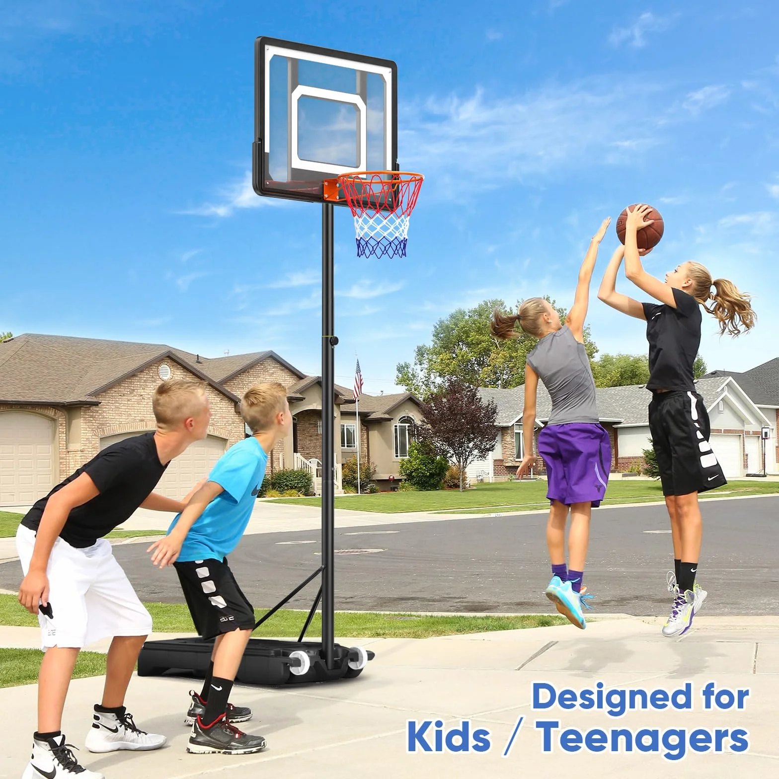 Panier de basket avec roues, hauteur réglable de 154 à 210 cm, support de basket-ball avec 2 filets de basket-ball solides, utilisation dans les cours, les jardins et les garages