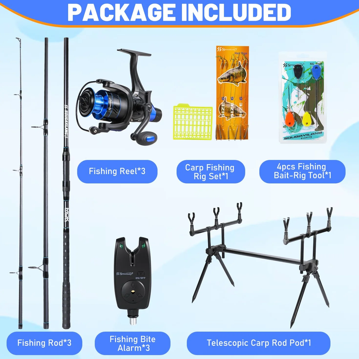 Sougayilang Ensemble de pêche à la carpe, 3 cannes de 3,3 m + moulinets série 4000, détecteurs de morsure, support de canne réglable, kit complet pour lacs et rivières à la carpe