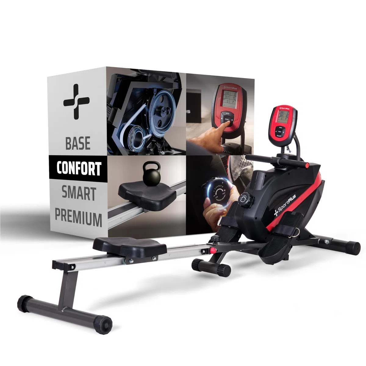 SportPlus Rameur pour la Maison Pliable - Conçu en Allemagne - Système de freinage magnétique Silencieux - 8 Niveaux de résistance, Masse d'inertie de 8 kg - Capacité Maximale 150KG