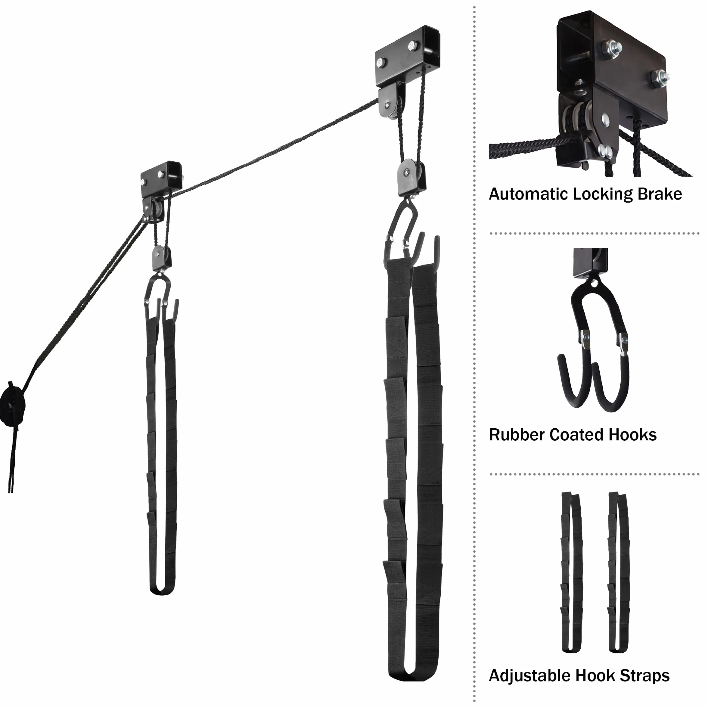 RAD Sportz Ensemble de palan à Kayak – Système de poulie aérienne avec capacité de 56,7 kg pour Kayaks, canoës, vélos ou échelles de Rangement (Lot de 2), Noir