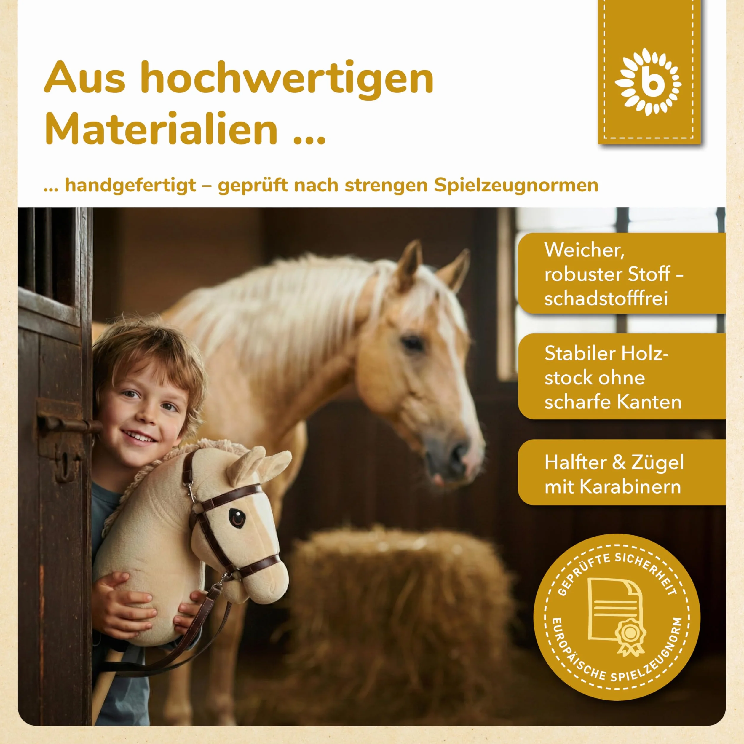 Bieco Hobby Horse Cheval de bataille M avec mors | Bâton et queue amovibles pour saut d'obstacles, dressage et jeu | Chevaux Hobby Horse Beige