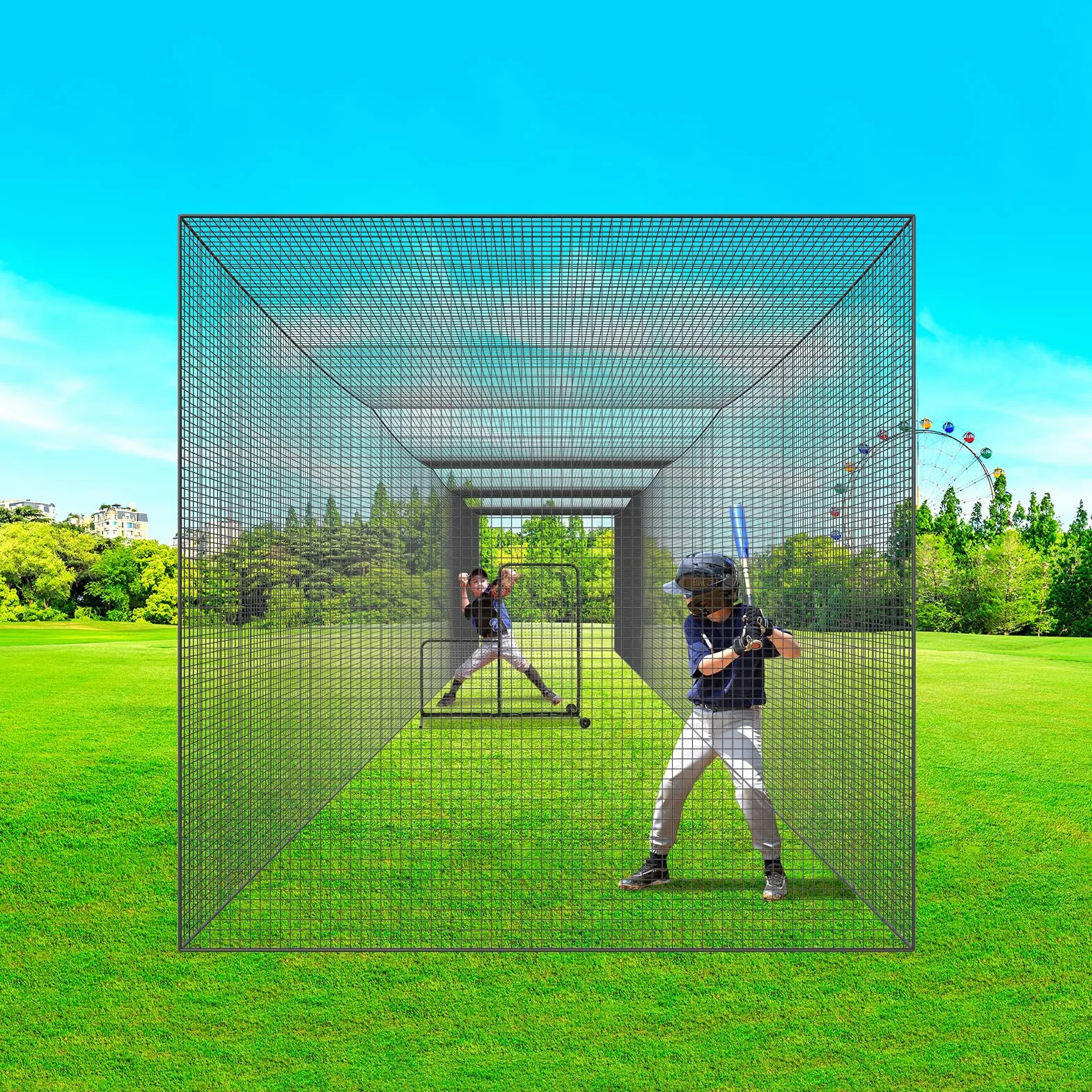 VEVOR Cage Frappeur de Baseball 17,4 m, Filet d'Entraînement Professionnel pour Frappeur de Softball, Cage de Lancer Portable avec Porte et Sac de Transport, Filet en PE Fermé Robuste Extérieur