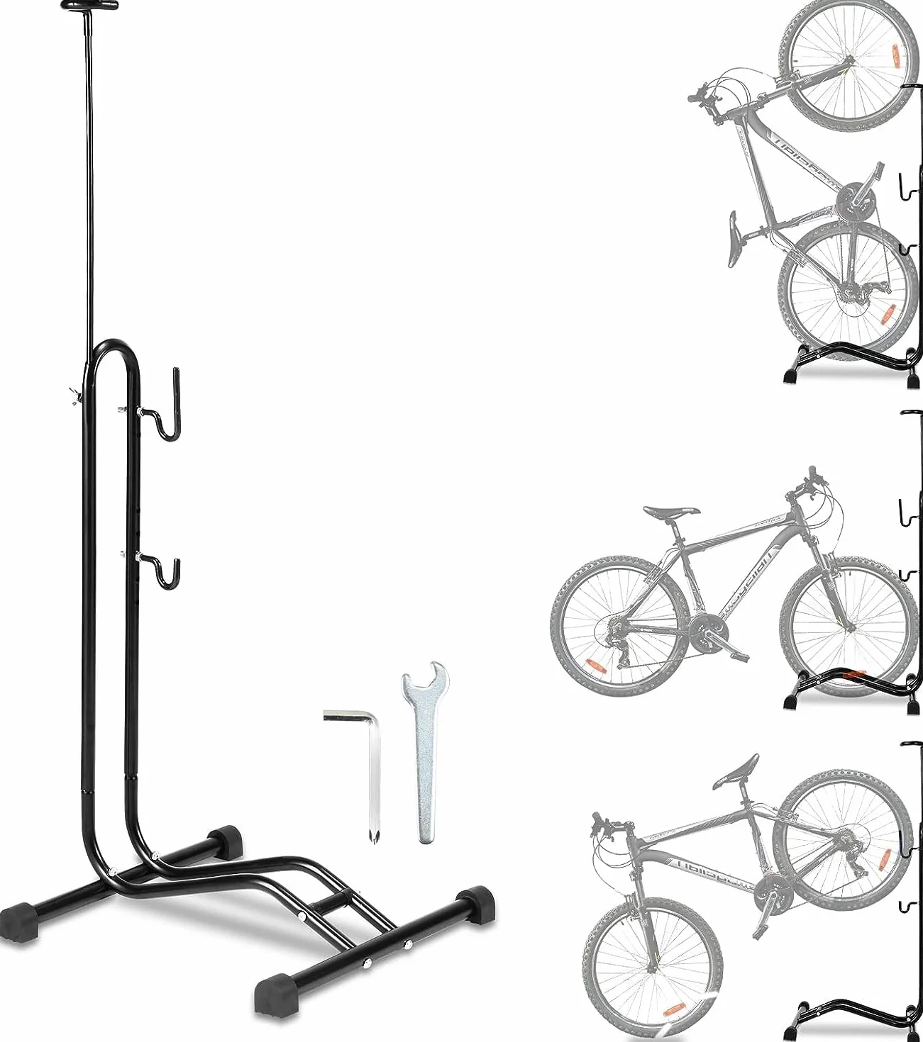 Support 3 en 1 pour vélo sur pied - Support de stationnement vertical pour vélo de montagne, vélo de route, vélo avec diamètre de roue max 73,6 cm…