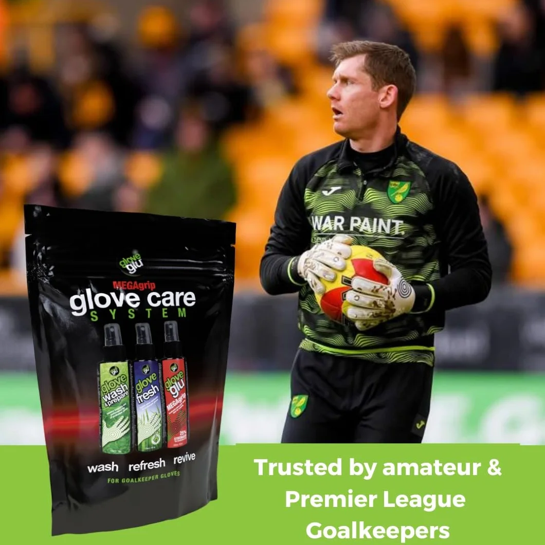 gloveglu MEGAgrip Système d'entretien des gants, Ensemble de gardien de but en 3 étapes, Gloveglu MEGAgrip, Lavage et préparation des gants, Glove Fresh, 3 x 120 ml de sprays pour gants