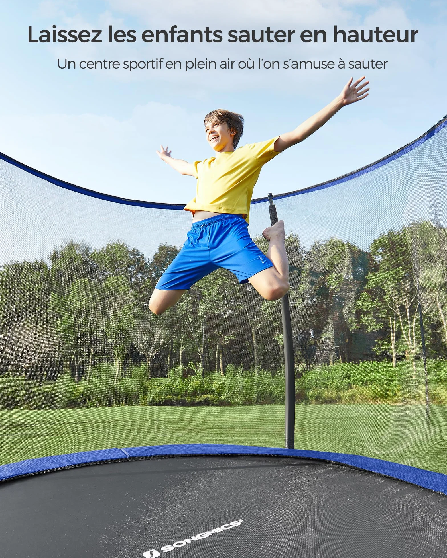 SONGMICS Trampoline Extérieur Enfant Diamètre 244/305/366/427 cm, Filet de Protection, Poteau Incurvé de 180 cm de Haut, Coussins de Sécurité, Échelle, Cadre en Acier