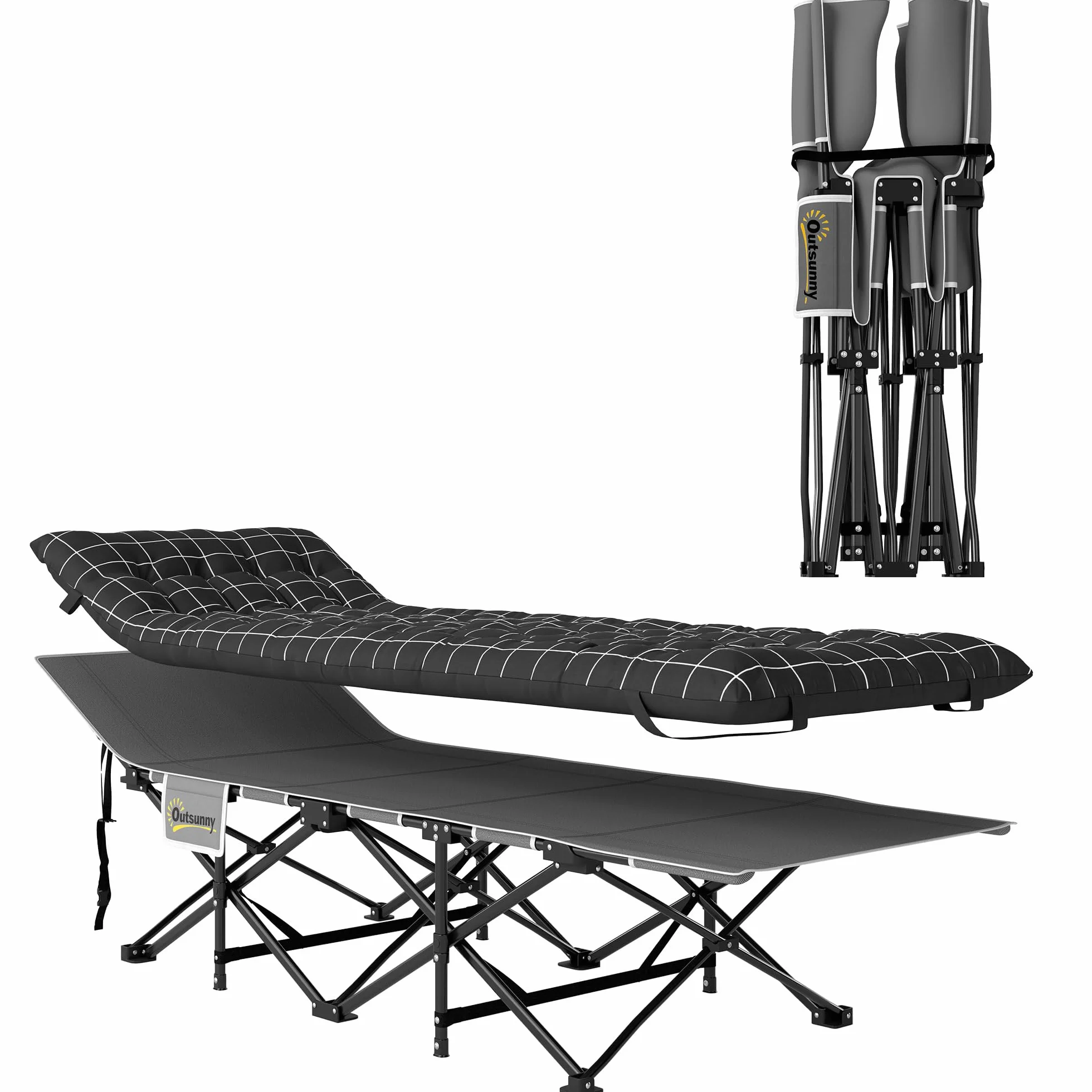 Outsunny Lit de Camping Pliable avec Matelas, Lit de Camp Pliant, Pochette latérale et Sac intégré, transat Chaise Longue en métal et Tissu Oxford, 190 x 67 x 37 cm, Charge 150 kg, Noir