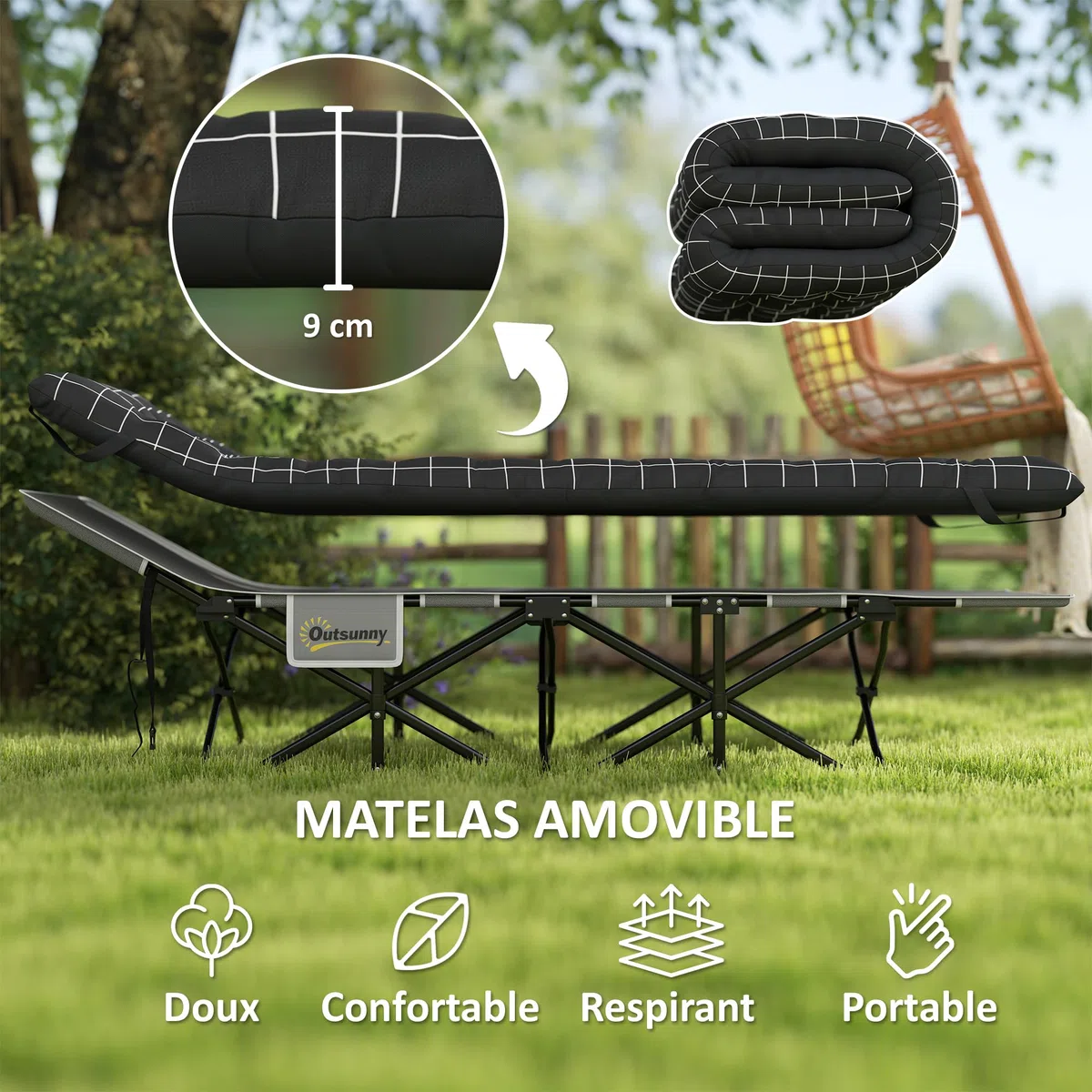 Outsunny Lit de Camping Pliable avec Matelas, Lit de Camp Pliant, Pochette latérale et Sac intégré, transat Chaise Longue en métal et Tissu Oxford, 190 x 67 x 37 cm, Charge 150 kg, Noir