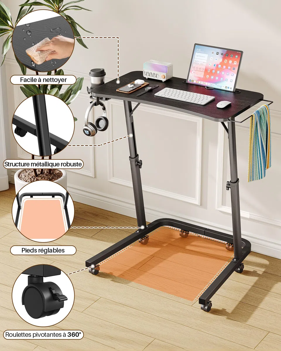 Table d'entraînement à roulettes pour vélo avec hauteur réglable et roulettes, table de chevet et table pour ordinateur portable, table d'appoint réglable en hauteur pour vélo d'intérieur et tapis de