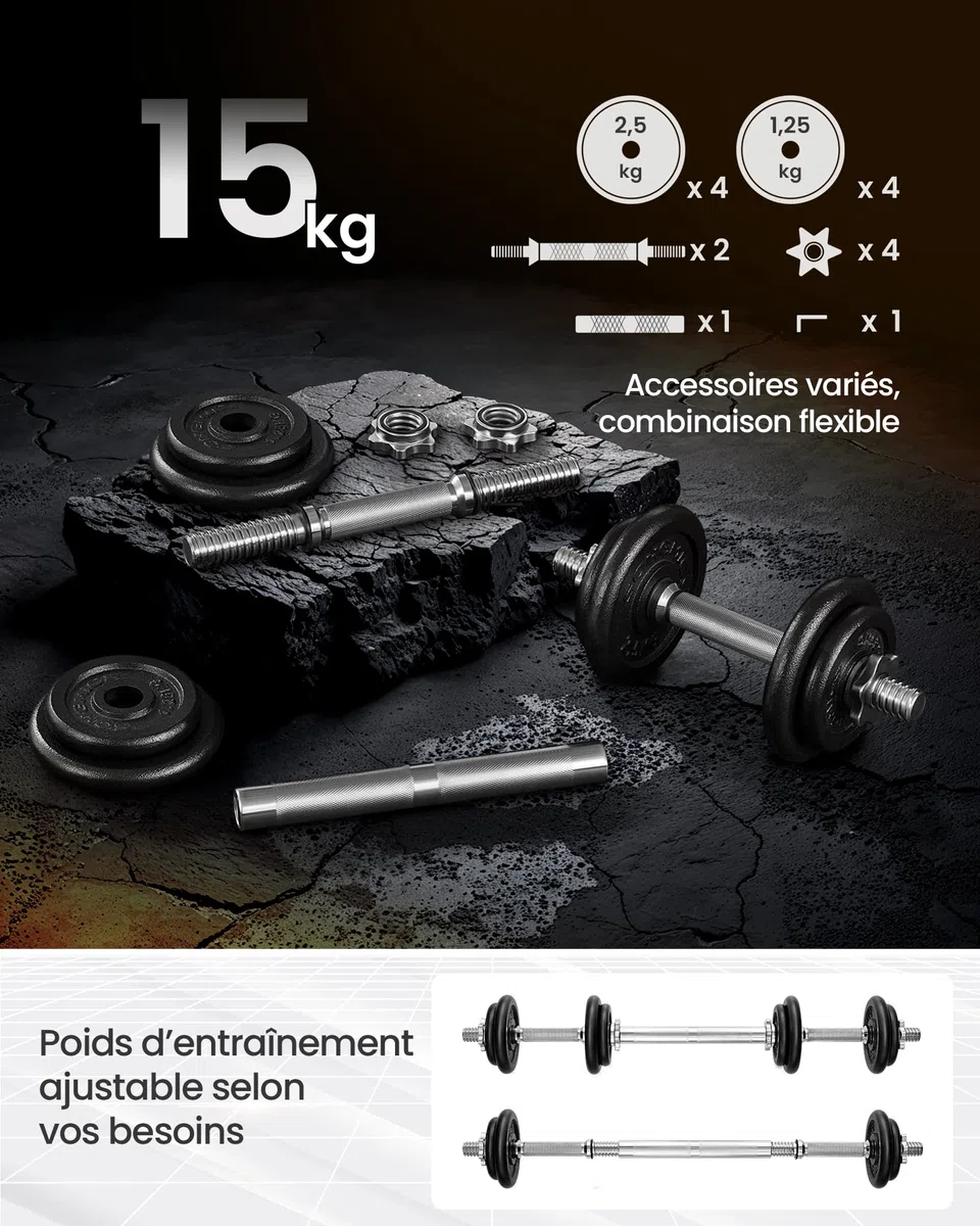 SONGMICS Kit haltères Musculation, avec Barre d’Extension, Poids Ajustable，pour Hommes et Femmes, Musculation, Prise de Masse à la Maison, 1 Paire