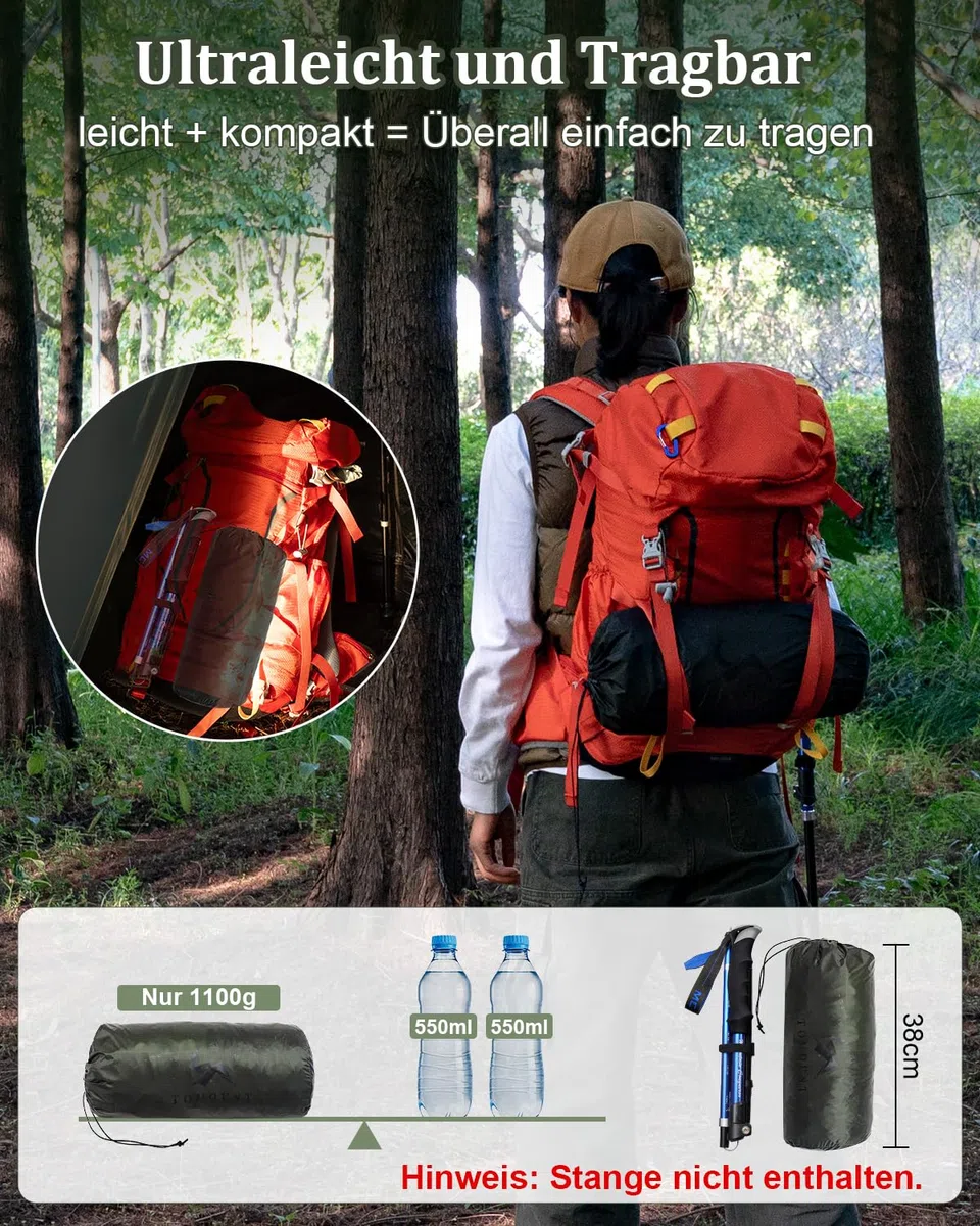 TOMOUNT Tente de trekking en nylon pour 1 personne - Tente sac à dos ultra légère et étanche en PU 3000 mm - Petite taille une fois repliée : 1,1 kg - Sac de bivouac pour camping, randonnée, randonnée