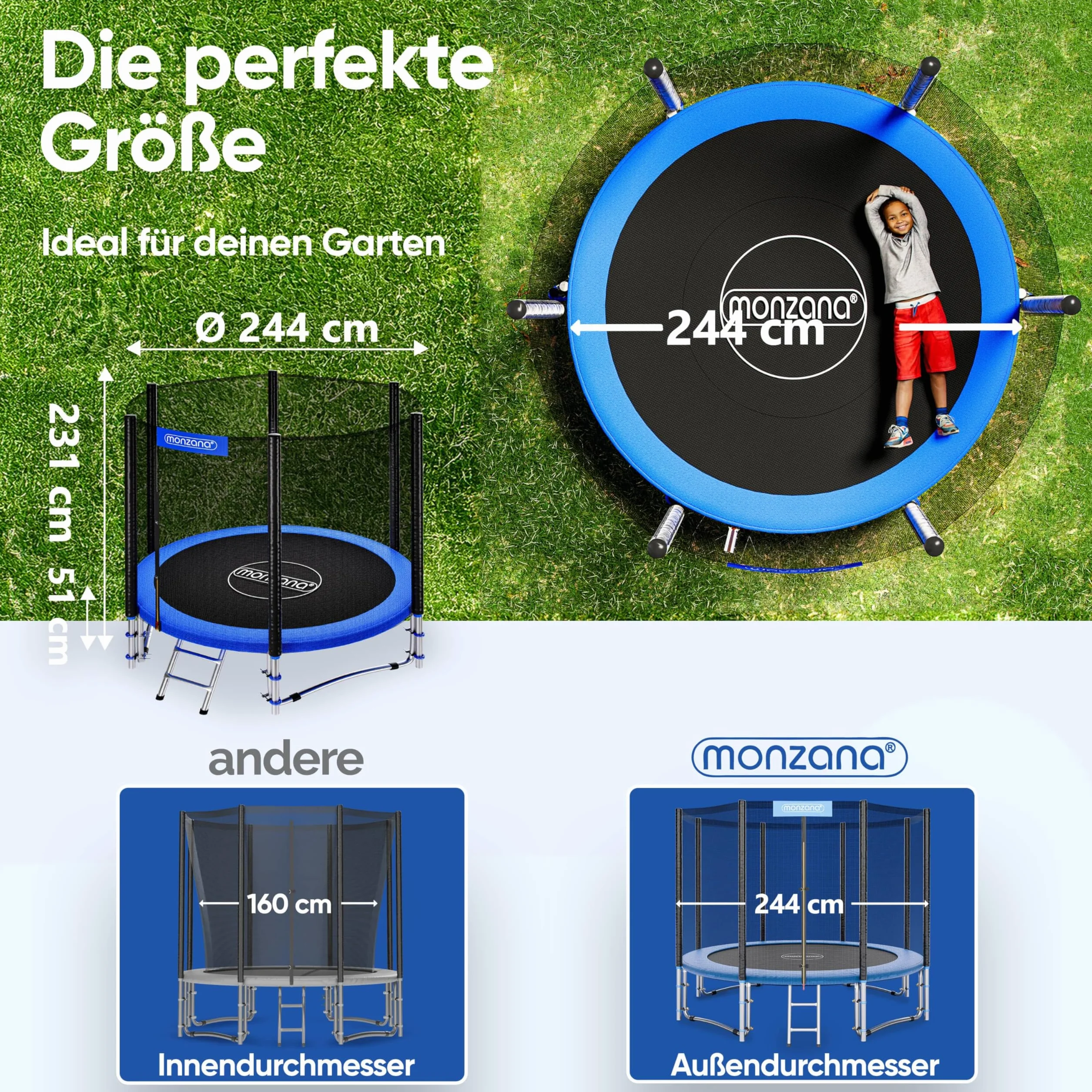 Monzana Trampoline certifié TÜV SÜD GS Set Complet Filet de sécurité Échelle Protection des Bords Extérieur Enfants
