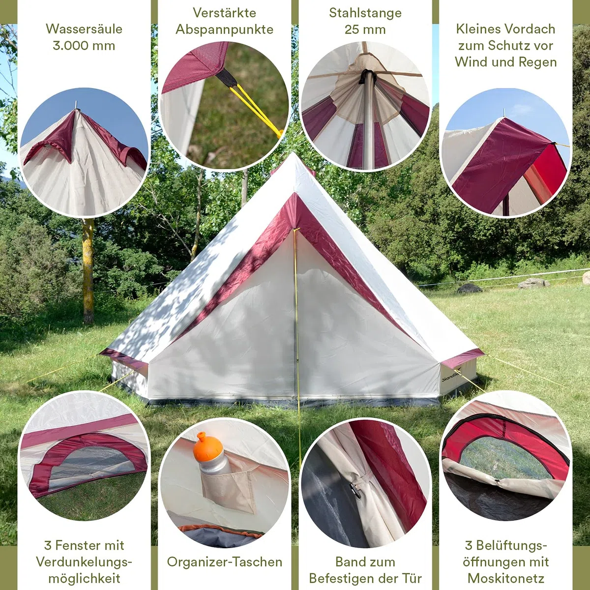 Skandika Comanche Tente Tipi | Tente de Camping 8 Personnes, Sol Cousu, avec/sans système de Fermeture éclair, Hauteur 2,5 m, imperméable | Tente Indienne, Glamping