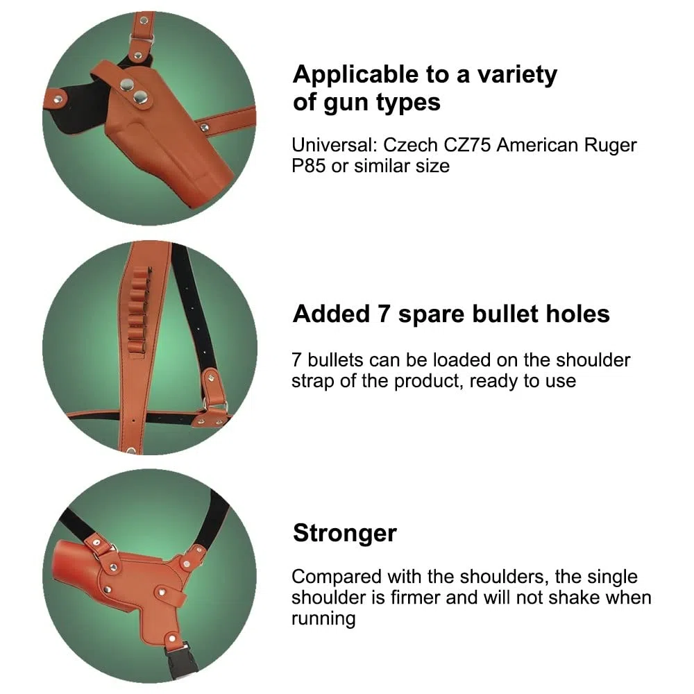 DONGKER Holster D'épaule en Cuir,Étui D'épaule Réglable pour Pistolet Vertical Dissimulé avec 7 Porte-balles pour 1911 G17 G17 G20 G23 M9 P85