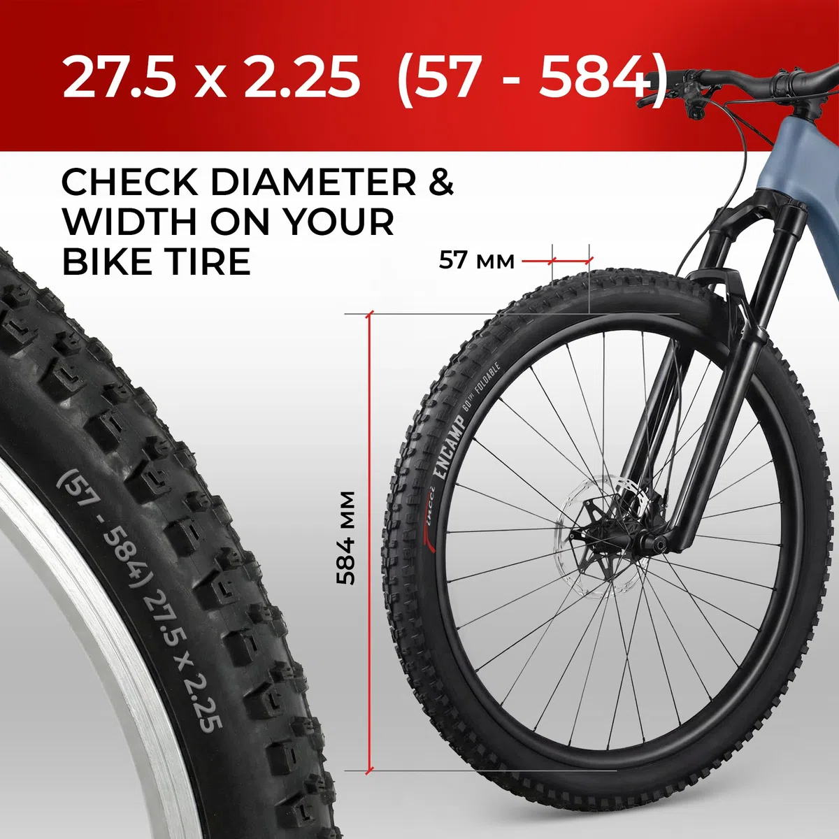 Fincci Paire de Pneus VTT 27.5 x 2.25 Pouces (57-584) ETRTO - Modèle Encamp 60 TPI Souple - Protection Anti-Crevaison Nylon 1mm - Pneu Haute Performance pour VTT Cross-Country et VAE Électrique