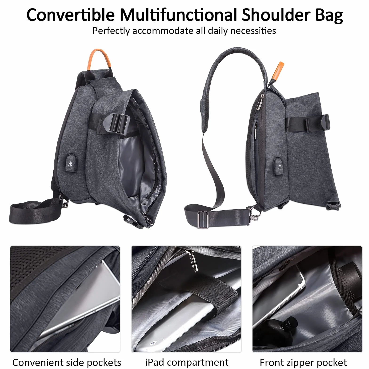 Sac de Poitrine Homme Mode USB Sling Sac Voyage Bandoulière Portable Camping