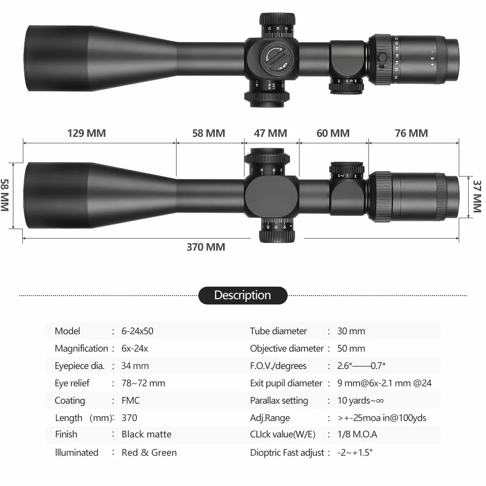SPINA OPTICS 4-16x44 / 6-24x50 SFP 2nd Focal Flat Rifle avec mil Dot Reticle et Support annulaire de 20 mm, Lunette de visée Noires étanches et antibuées, Tube de 30 mm