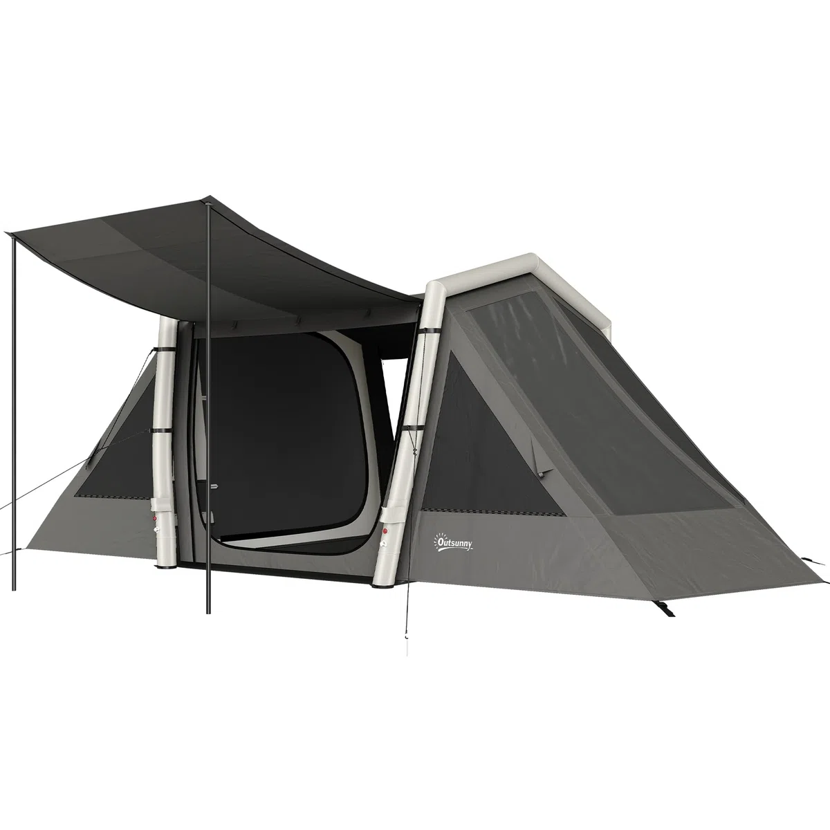 Outsunny Tente Gonflable de Camping 4 Personnes Blackout - Tente à Air 5,8m de Long avec 2 Chambres et Séjour - Imperméable 3000mm avec Pompe, Auvent et Piquets Fluorescents, Gris Foncé