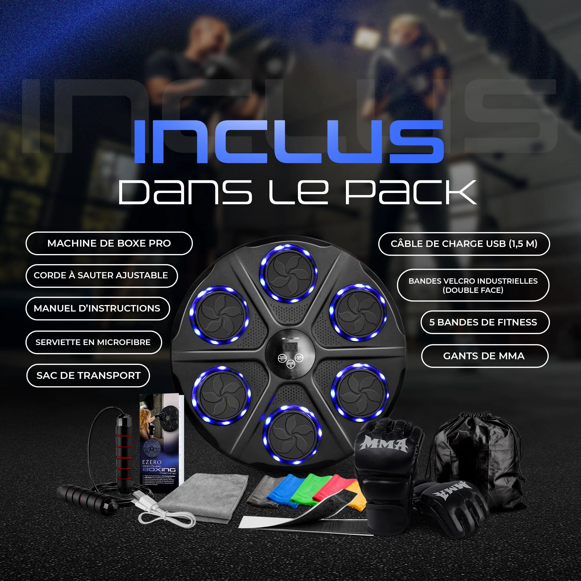 EZERO Machine Beatpunch Boxe Adulte Bluetooth LED Entraînement interactif Boxe Mural Musique Améliore Réflexes Endurance Set Complet