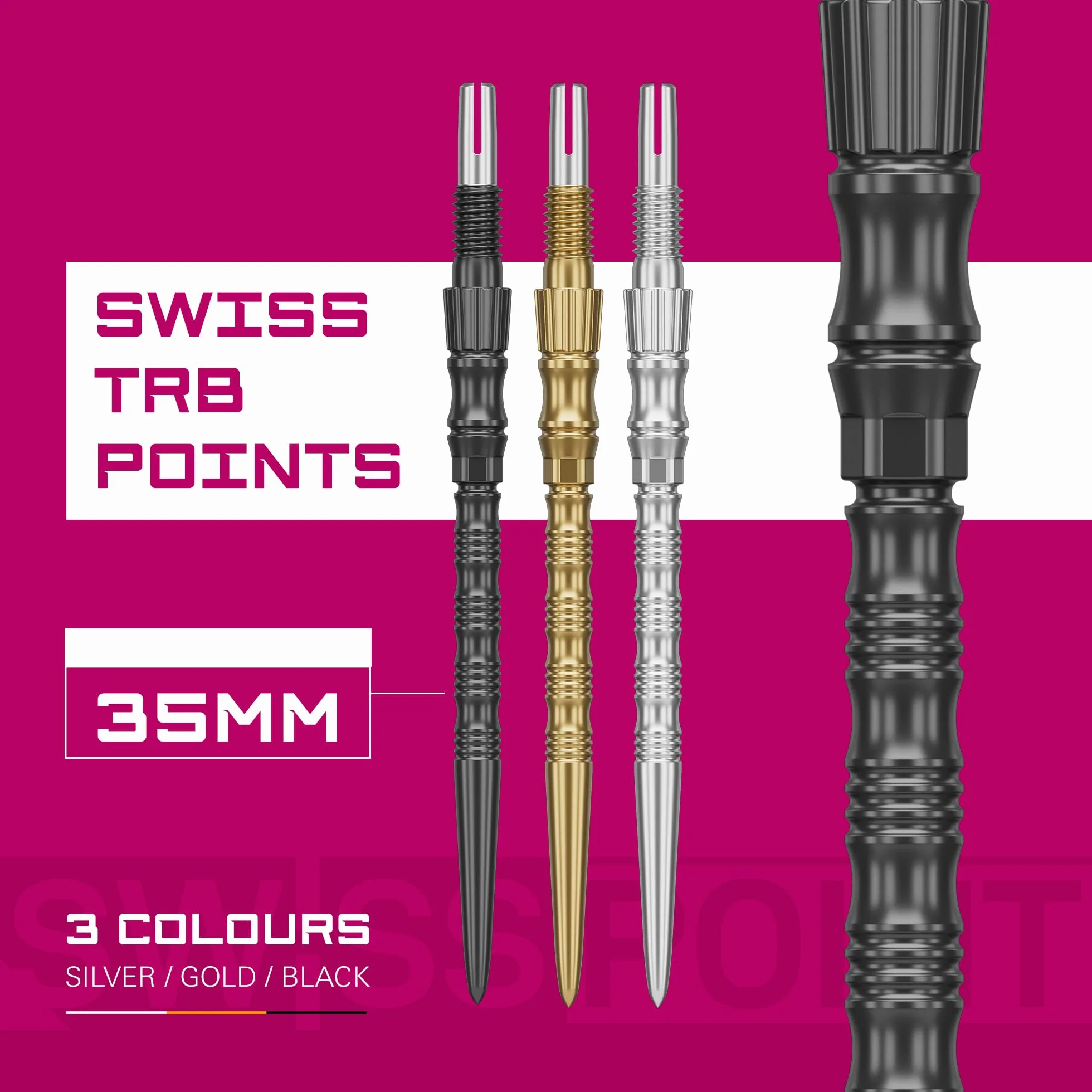 Target Darts Signature Swiss Point TRB | Lot de 3 Eembouts | 30MM/35MM/42MM – Or/Argent/Noir | Changement Fléchettes Pointes, Swiss Point Technologie, Professionnels Fléchettes Accessoires