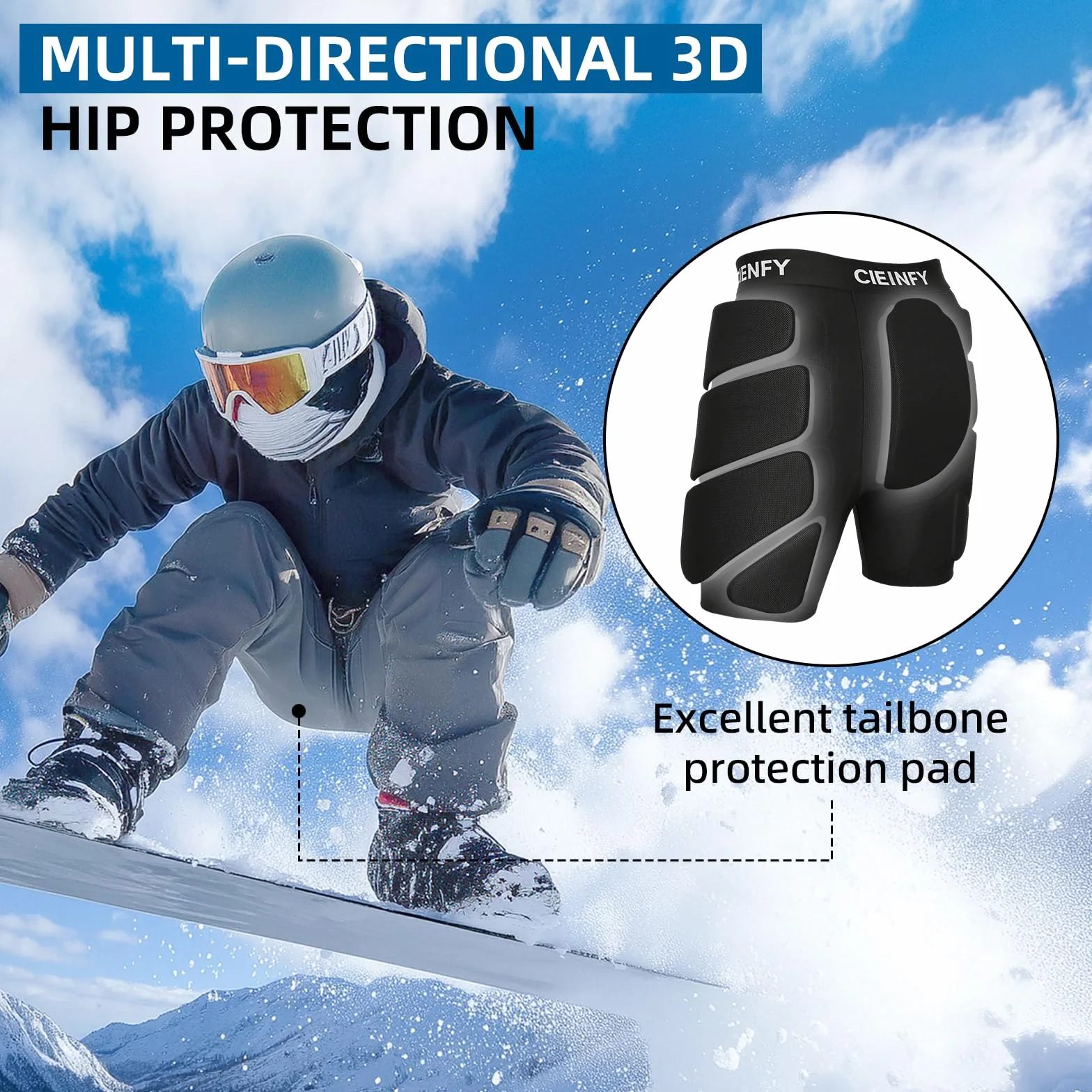 Cienfy Short de Protection rembourré en EVA pour Le Snowboard, Le Patinage et Le Ski, Protection des Hanches 3D pour Hanches, Fesses et Coccyx