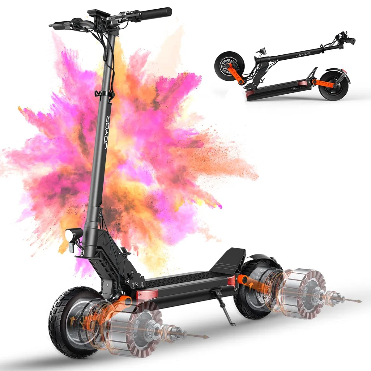 JOYOR Trottinette Electrique Adulte S/T Serie Autonomie 50-90KM Batterie 48/60V 13/18/26Ah Moteur 600W/600W*2/1000W*2 Trotinette Electrique Puissante Tout Terrain Ultra Legere Double Suspension