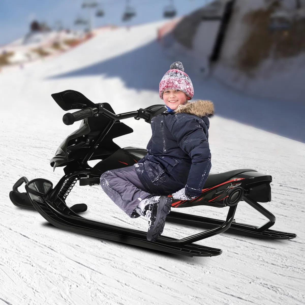 Luge de direction avec freins à pied pour enfants, avec corde de traction automatique et amortisseur pour enfants et adultes, charge maximale 80 kg, luge à patins Skibob avec siège rembourré