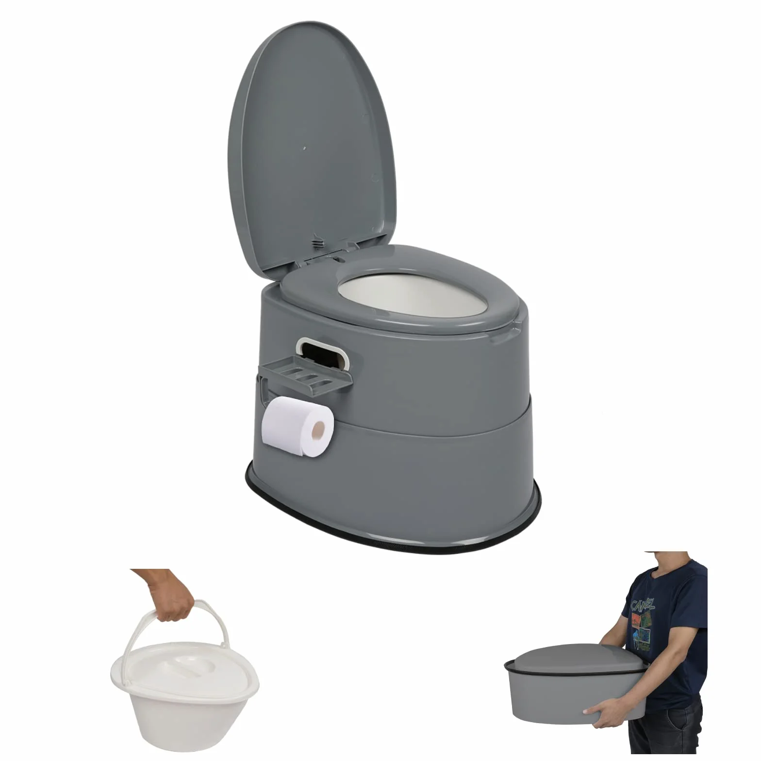 Outvita Pot de Chambre Adulte, 5 L Toilette Camping Amovible avec Porte-Papier Hygiénique pour Camping Voyage - Gris