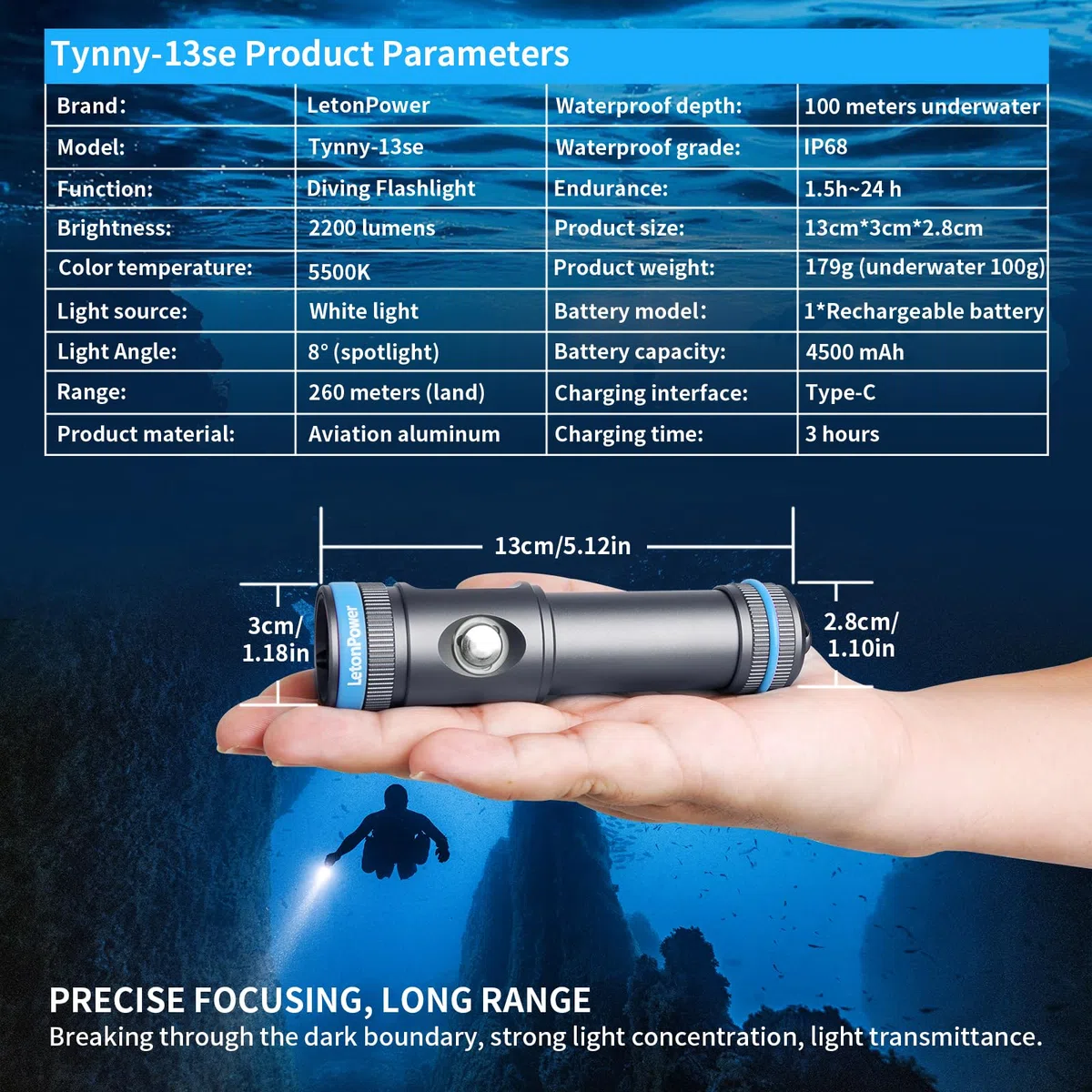 Tynny-13se Lampe de plongée 2200 lumens Lampe de poche sous-marine compacte, torche de plongée à 6 modes, chargement de type C pour lampe de poche de plongée sous-marine (Gris)