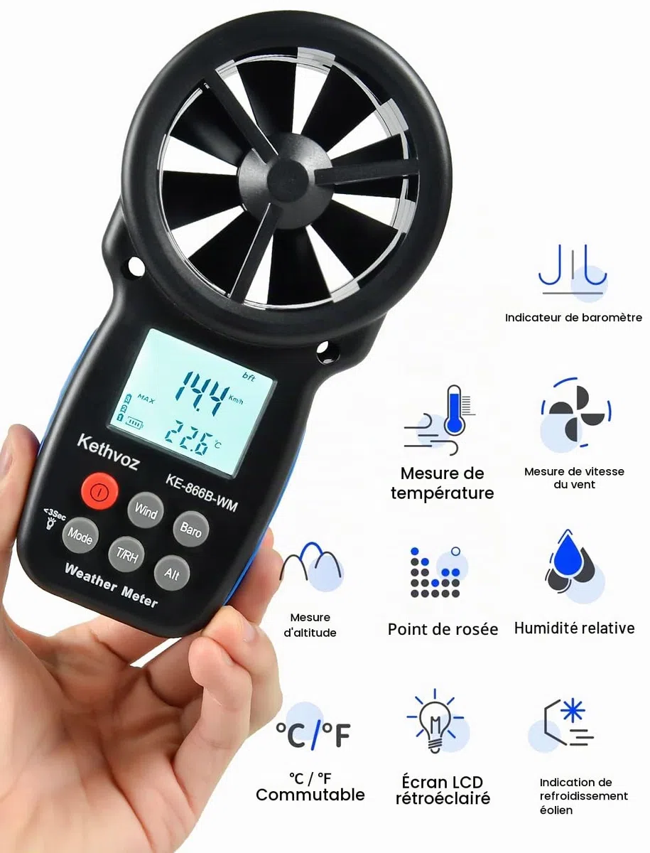 Kethvoz Anémomètre Numérique, Anemometer Portable avec Baromètre Altimètre Mesure Vitesse du Vent Température Humidité Altitude pour Drone Randonnée Escalade VMC Air Balance KE-866B-WM