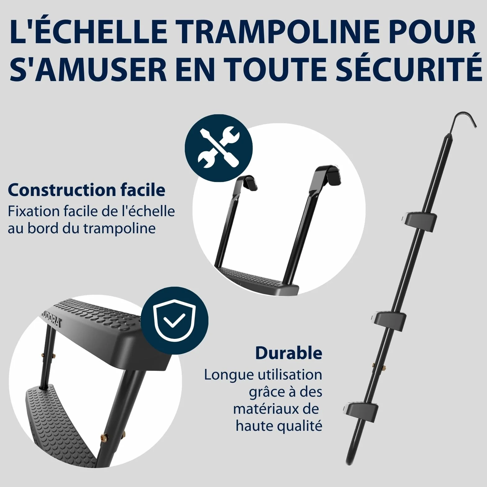 HUDORA Échelle universelle – Trampoline antidérapant avec marches larges – Échelle de sécurité réglable en hauteur pour différentes hauteurs de trampoline et résistant aux UV