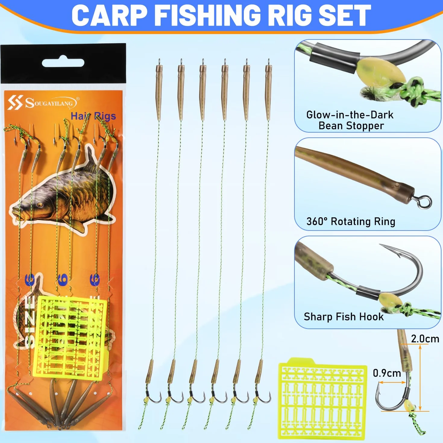 Sougayilang Ensemble de pêche à la carpe, 3 cannes de 3,3 m + moulinets série 4000, détecteurs de morsure, support de canne réglable, kit complet pour lacs et rivières à la carpe