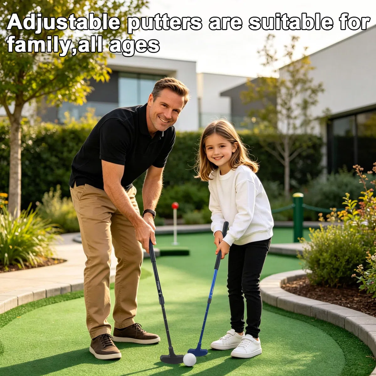 KOFULL Lot de 2 putters de Golf réglables, Bleu et Noir, Tige Extensible de 53,3 à 91,4 cm pour Tous Les âges, avec 2 balles de Golf d'entraînement