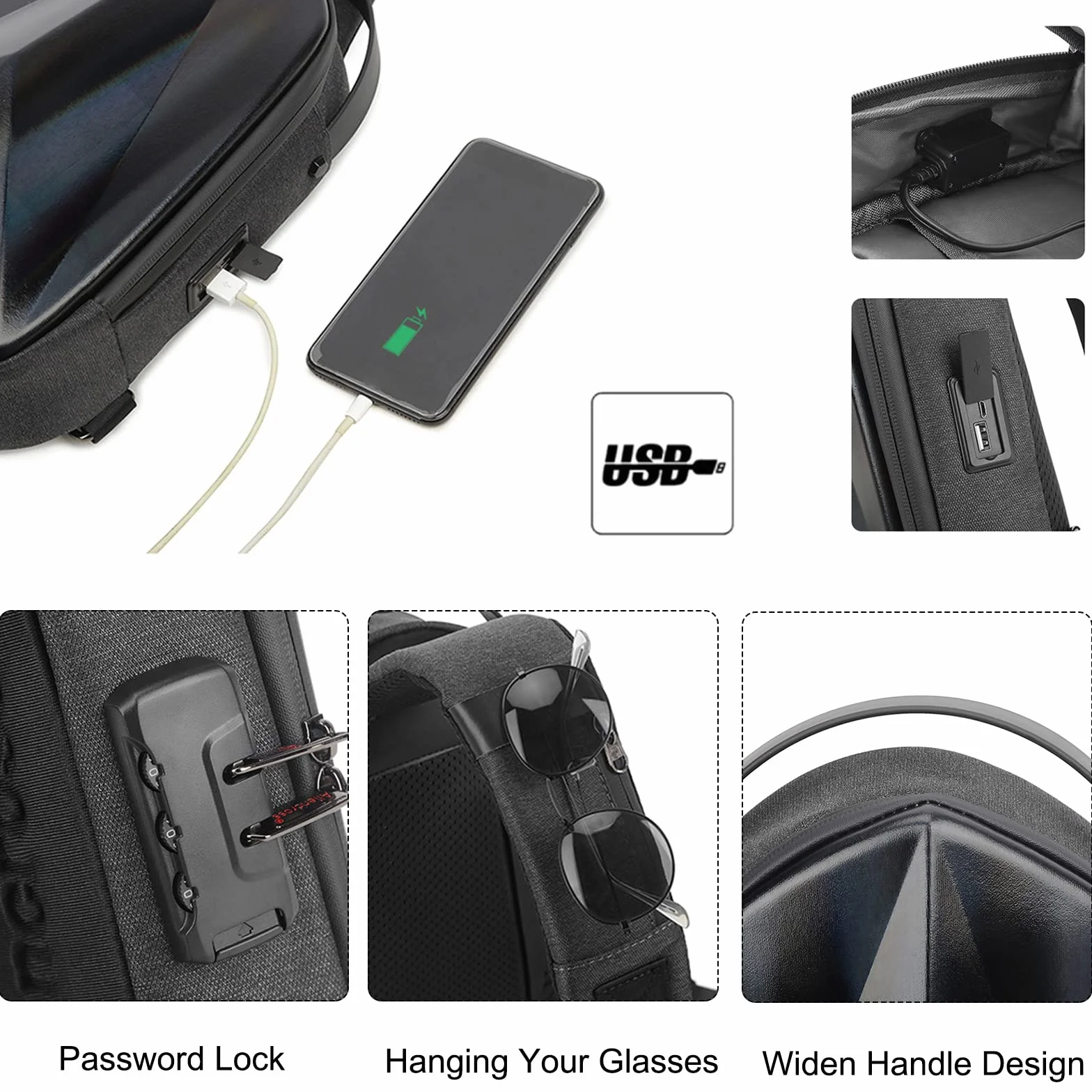 FANDARE Sling Bag Impermeable avec USB Sac d'Epaule pour Homme Femme Voyage Sport Noir