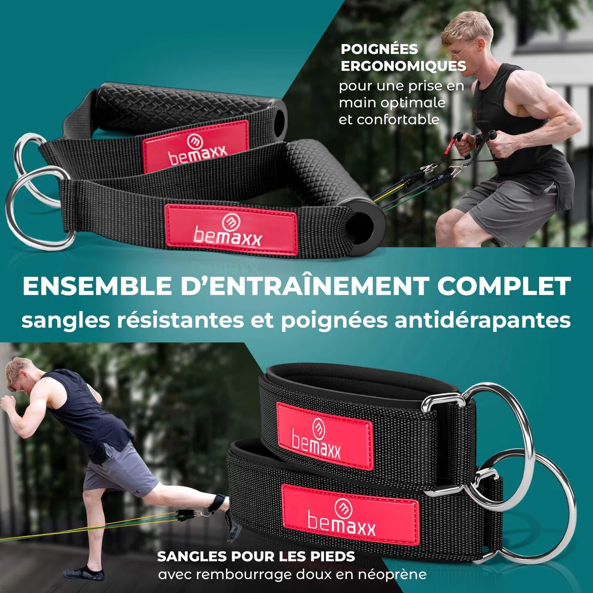 Kit Élastique Musculation Fitness + Guide Exercices, 5X Bandes de Résistance Tubes Professionnels + Poignées, Ancre de Porte, Sangles Pied | Entraînement Tractions Bras Jambes Haltere, Femme Homme