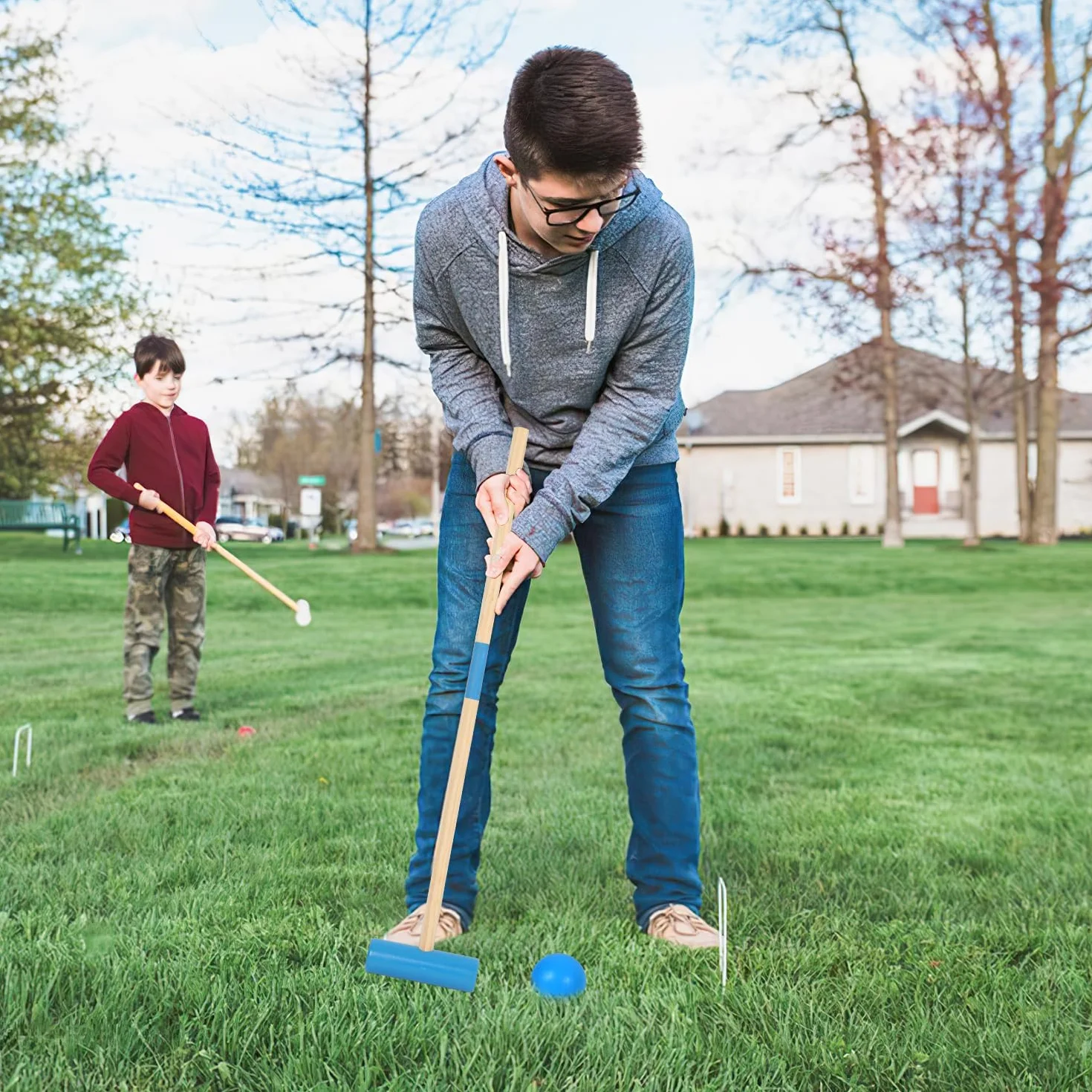 Fiqops Jeu de croquet 2 à 4 joueurs - Jeu de croquet avec sac - Pour enfants et adultes - Jouet en bois - Pour l'extérieur - Famille - Jeu d'adresse