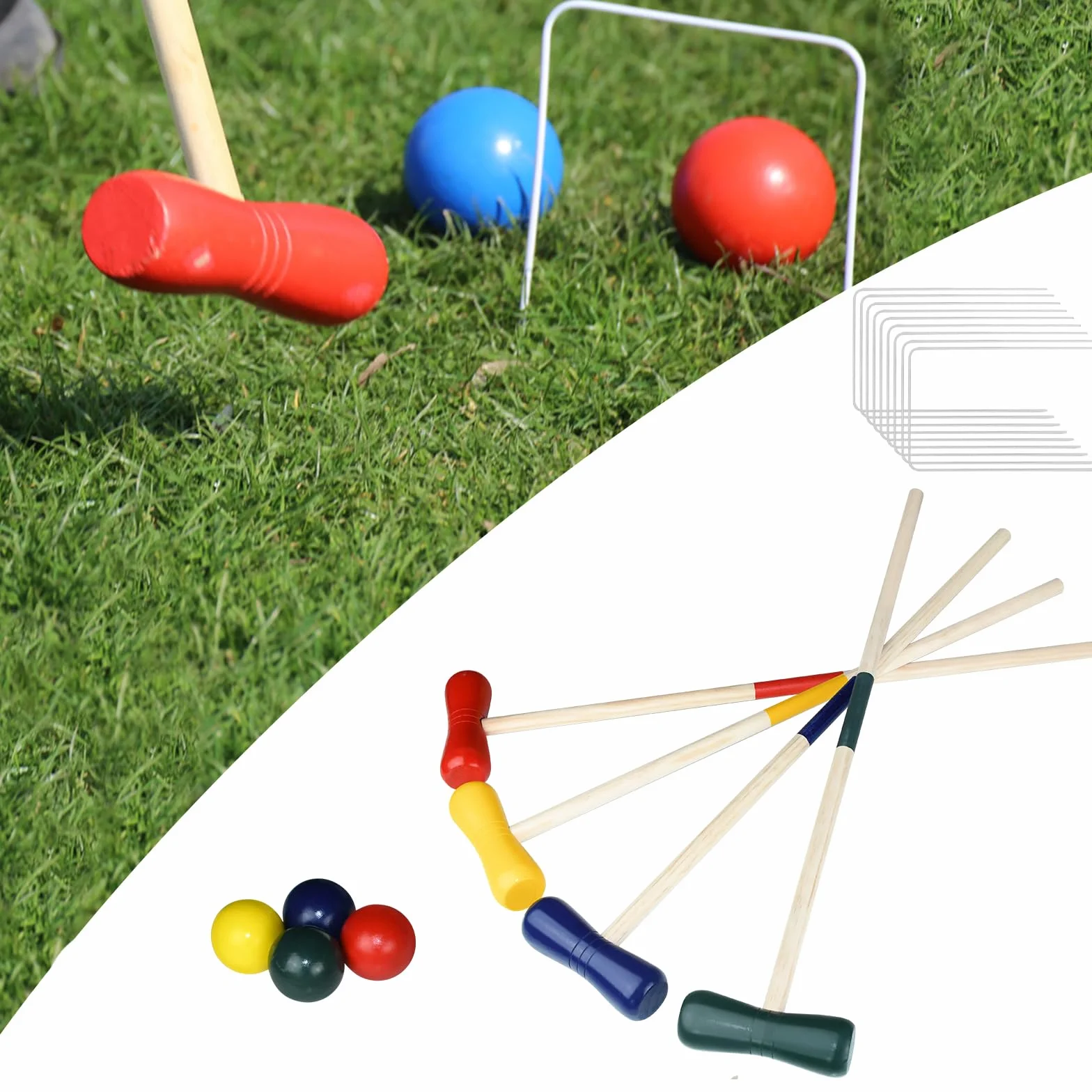 FIVMEN Jeu de croquet en bois pour 4 joueurs, jeux de jardin, jeux de plein air, adultes et enfants