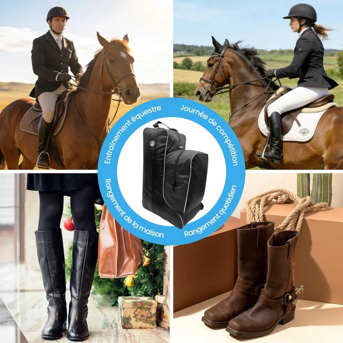 Pack Équestre, Sac de Transport Grande Capacité pour Bottes d'Équitation, Rangement Équestre en Tissu Oxford, Sac à Bottes Hautes avec Poignée pour Sport/Maison/Compétition/Équitation, Total Noir