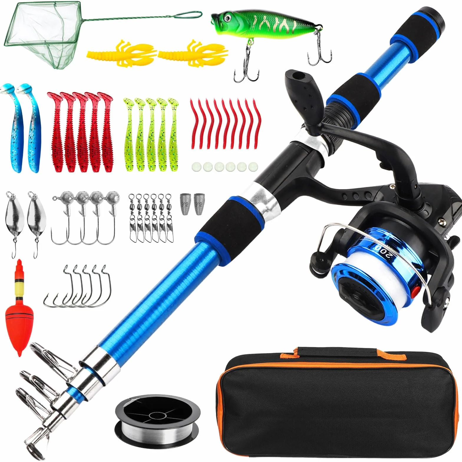 Kit de Pêche Enfant 55 Pièces Canne à Pêche Enfant Télescopique 1,8m avec Moulinet Leurres Épuisette et Sac de Transport Débutant Garçon Fille dès 3 Ans