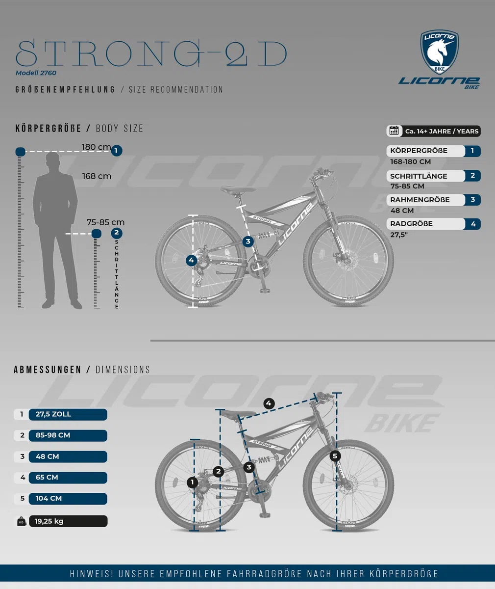 Licorne Bike Strong 2D Vélo Tout Terrain de qualité supérieure 27,5" pour garçon Fille Femme et Homme avec Frein à Disque Avant et arrière 21 Vitesses dérailleur Suspension complète