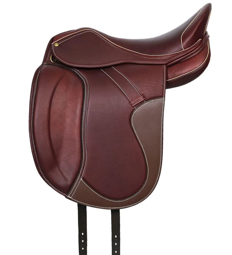 A&M Reitsport Selle de dressage 1146 en cuir, tête interchangeable, arbre en polyflex, marron/beige, taille : 17,5"