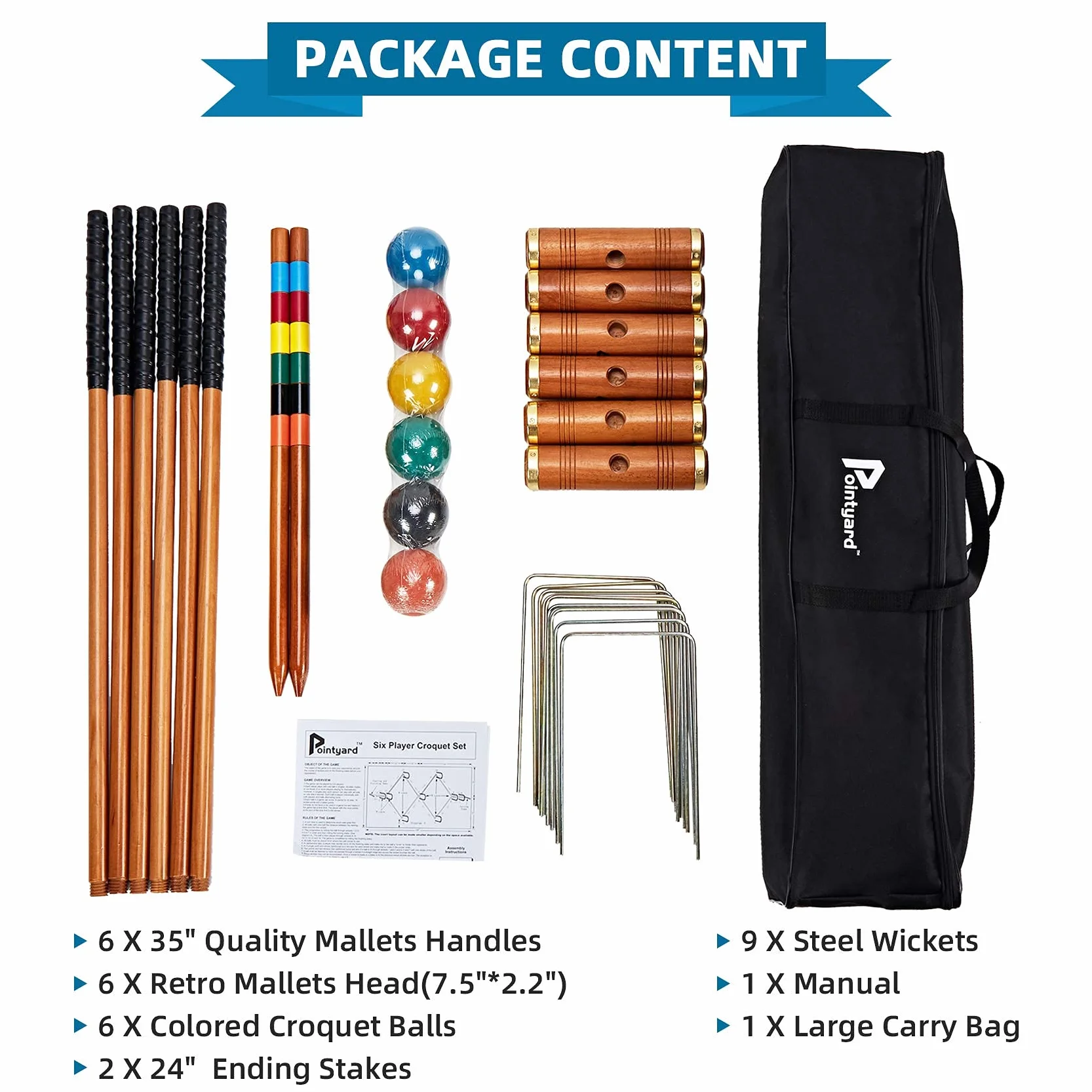 Ensemble de croquet de luxe pour 6 joueurs de 89.9 cm, style rétro Annatto avec maillets en bois, piquets pour adultes/adolescents/famille, parfait pour pelouse/jeu dans le jardin/parc
