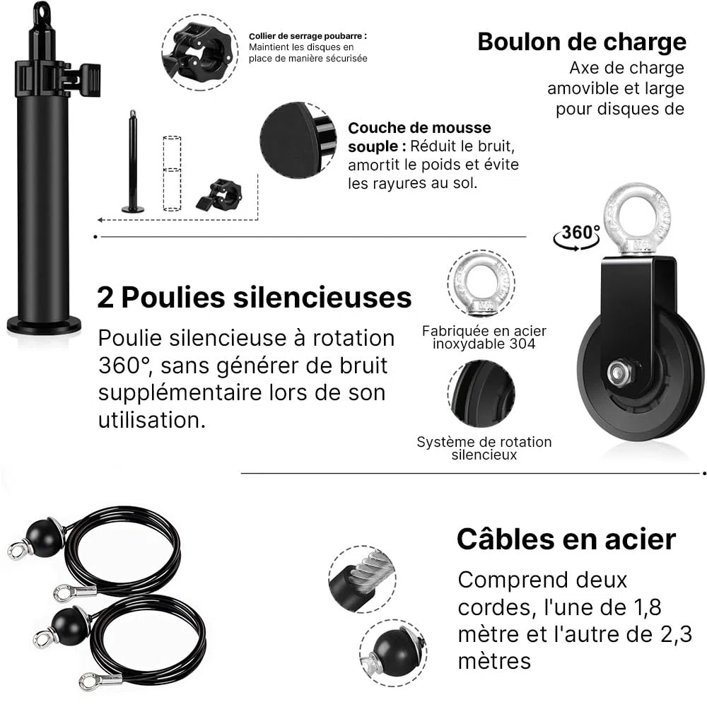 ManiBoom Kit Poulie Musculation (204 kg) - Système de Musculation Poulie avec Barre 2 en 1, Corde Triceps et Poignées pour Home Gym