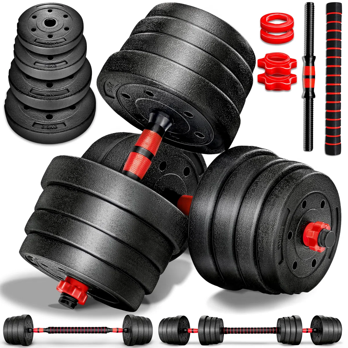 RE:SPORT Ensemble d’haltères 2 en 1 15-40 kg, réglables, haltères courts et longs, fermeture en étoile et tube de raccordement