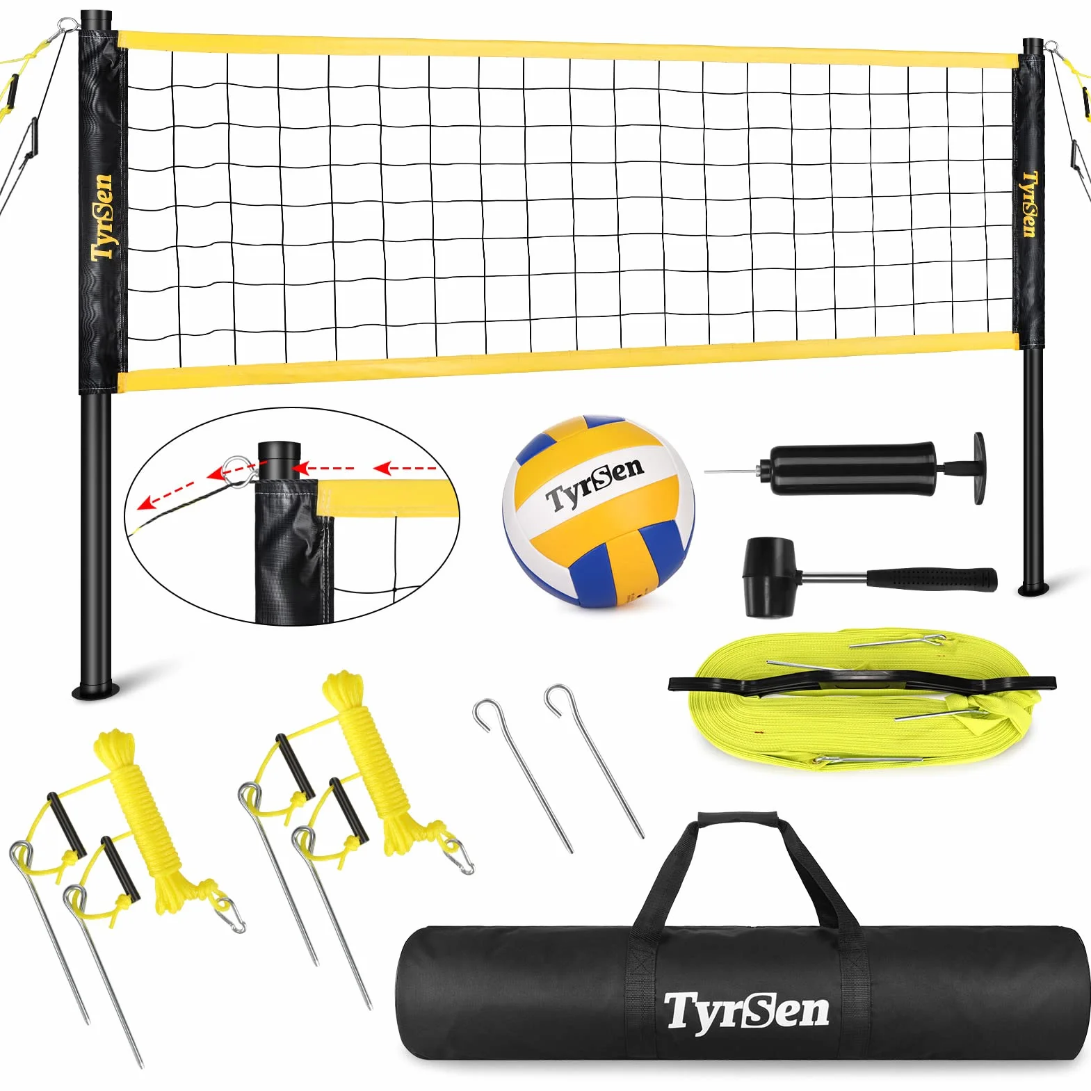 Ensemble Volleyball Badminton Jardin Filet Portable Tout-en-Un avec 4 Raquettes Volants Sac