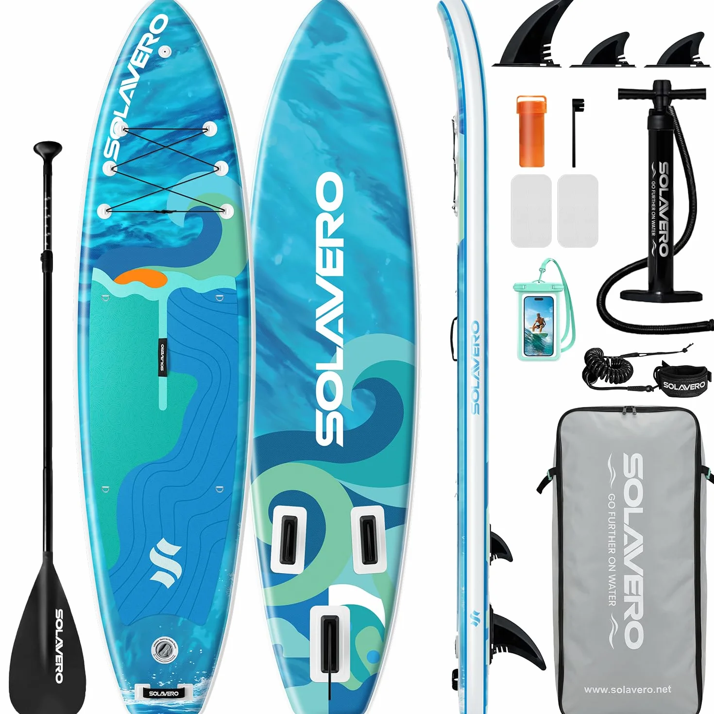 SOLAVERO Paddle Gonflable Adulte, 335 x 83 x 15 cm Stand Up Paddle avec Pont EVA Antidérapant, Pagaie Réglable, 3 Aileron, pour Tous Les Niveaux de Compétence, Jusqu'à 200 kg